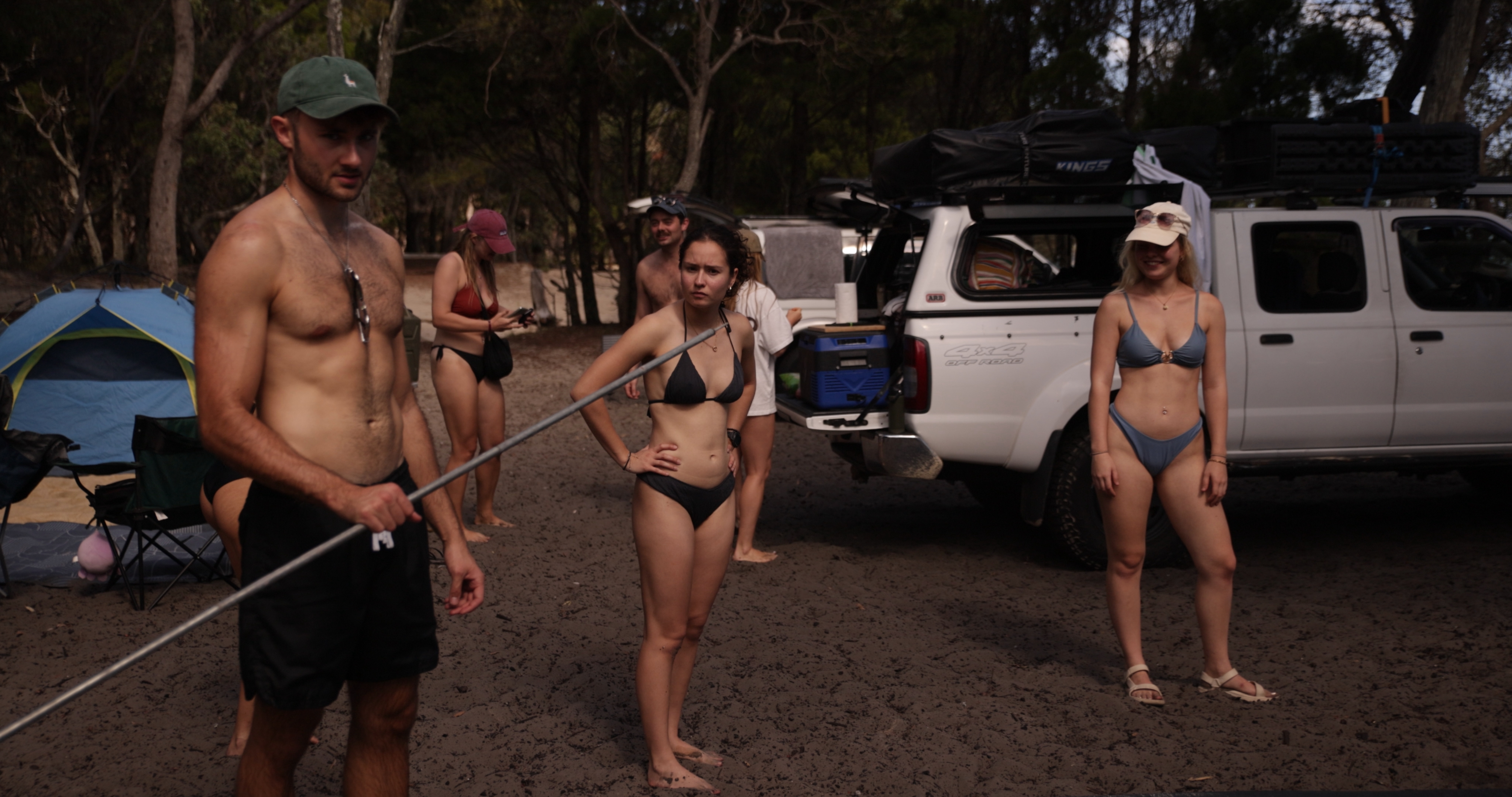 4WD crew arriving at a mountain campsite